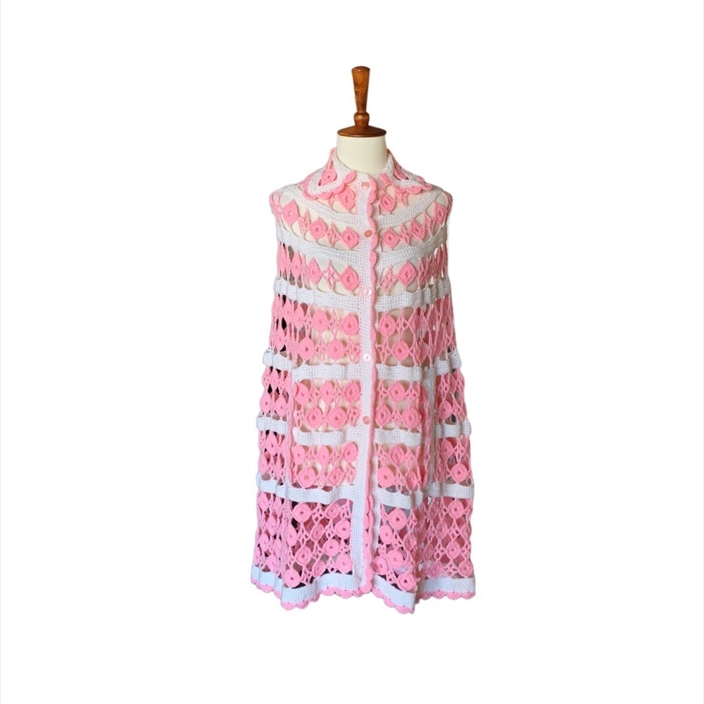 Handmade Vintage Crochet Cape Size Small Pink White